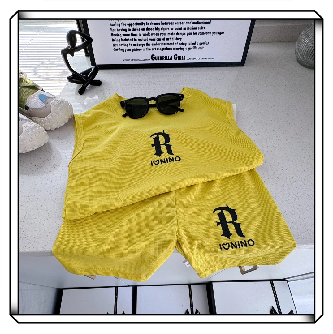 儿童背心套装潮童新款宝宝华夫格无袖男中大童小童夏装时尚童装范