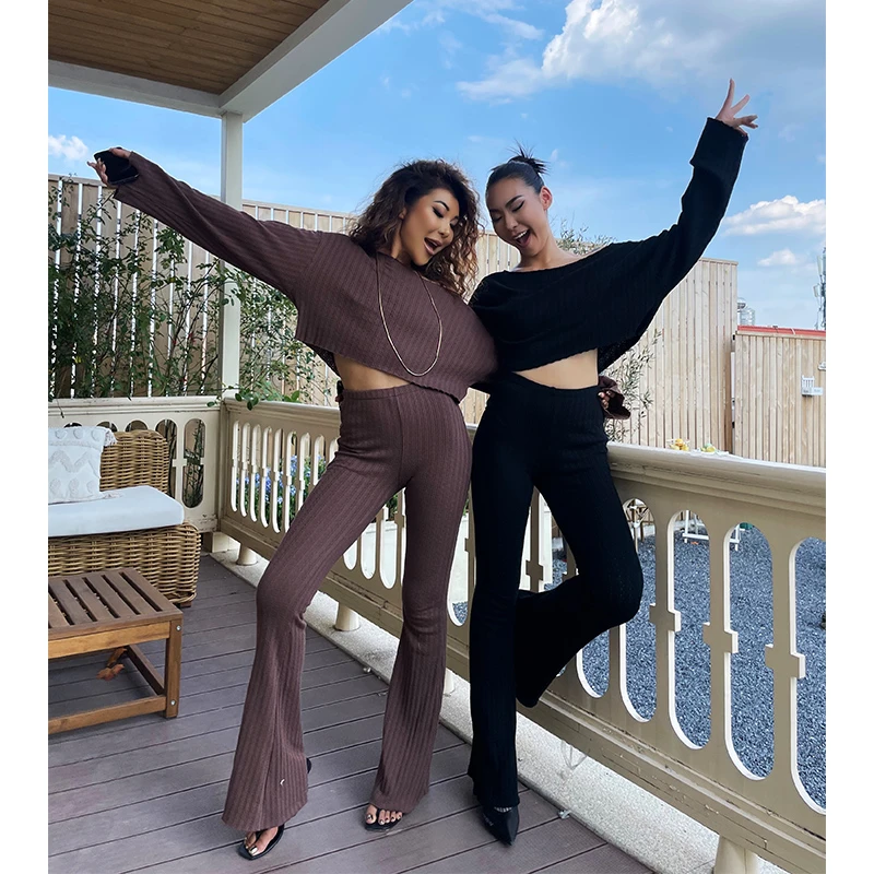 {小溪家}秋季针织气质上衣套装显瘦百搭微喇修身弹力裤子高腰