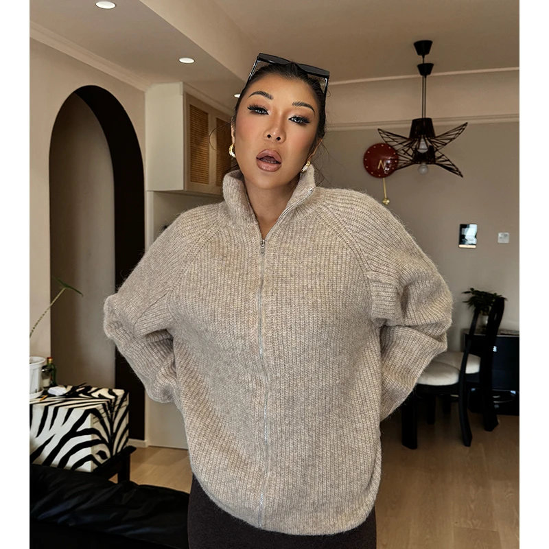 （小溪家）软糯秋冬毛衣保暖高领拉链外套慵懒风衣宽松上衣百搭