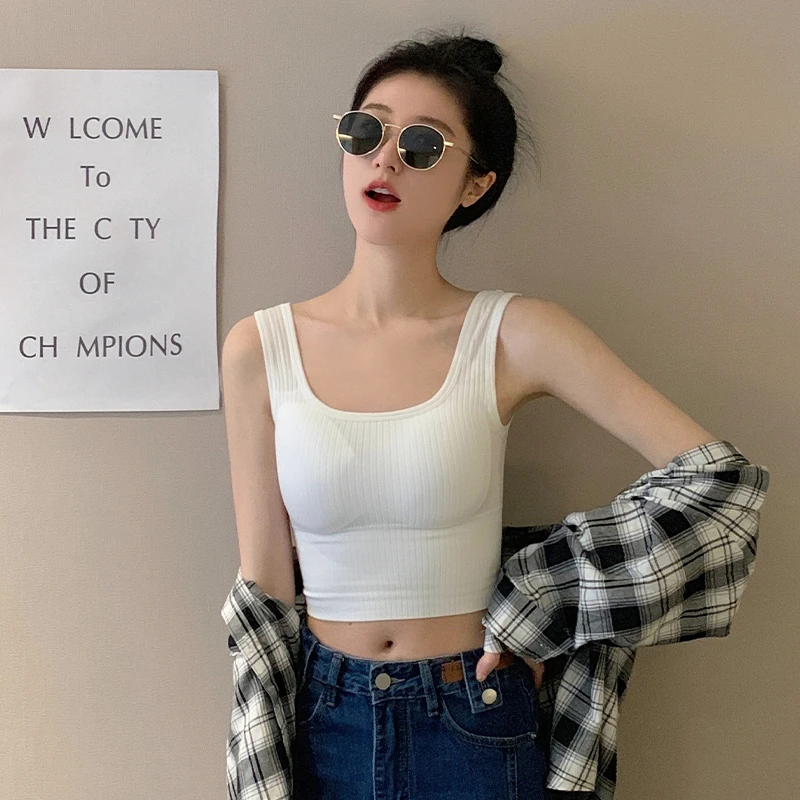 吊带背心女夏内搭针织打底衫短款露脐美背抹胸白色修身运动上衣女