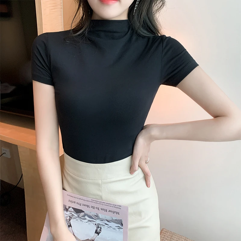 夏季冰凉短袖半高领t恤女一片式修身薄款冰丝打底内搭上衣半袖t桖