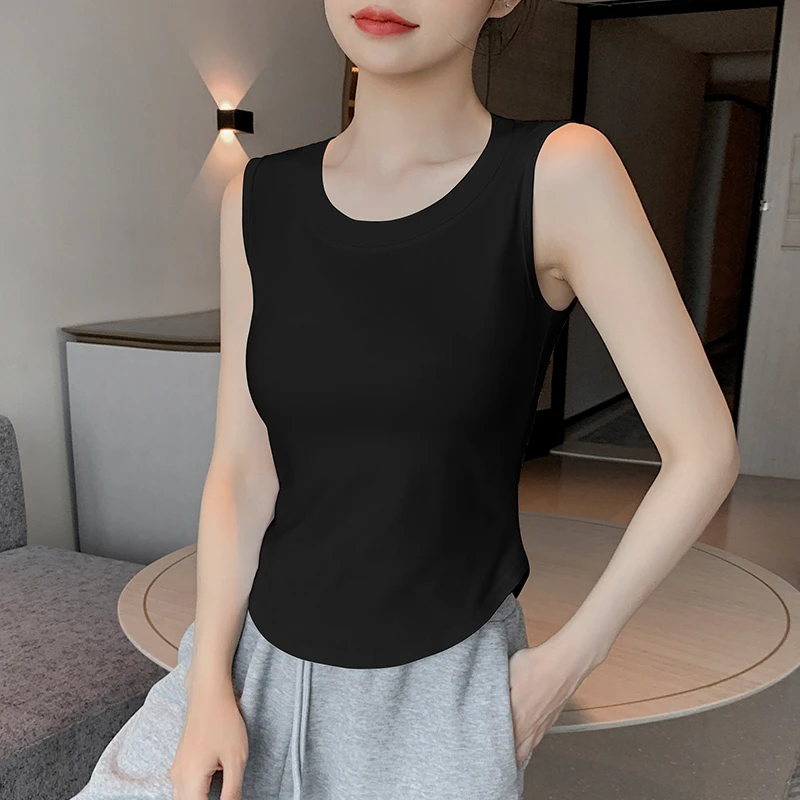 纯色吊带背心女夏新款内搭打底纯棉圆领弧形不规则无袖外穿上衣