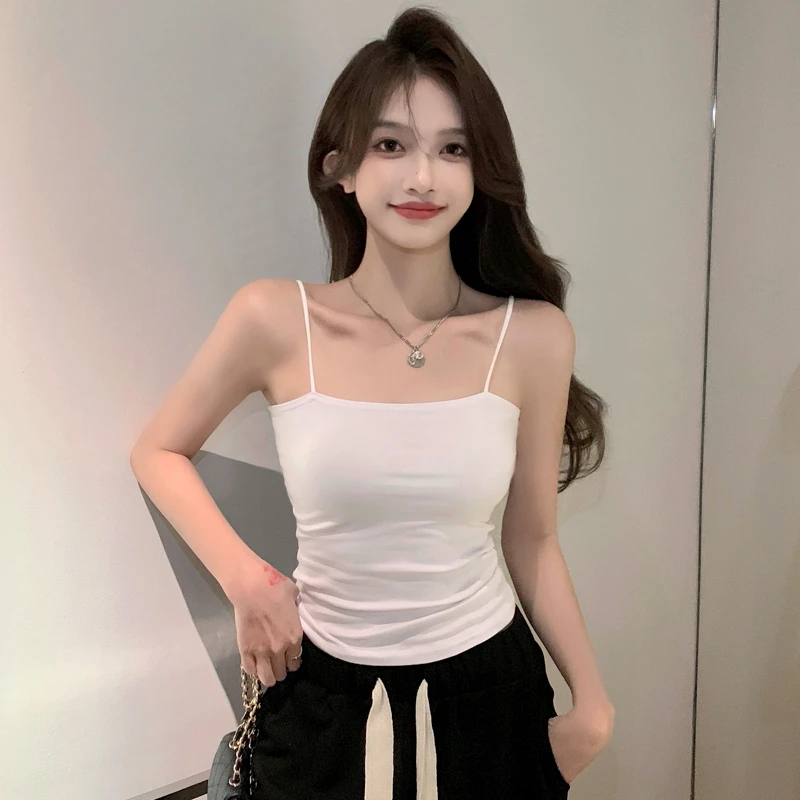纯棉白色小吊带背心女内搭美背外穿抹胸配西装遮副乳一字打底上衣
