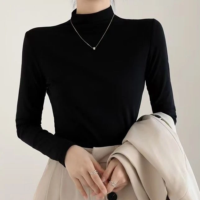 加绒半高领打底衫女秋冬2023新款洋气内搭纯色双面德绒保暖上衣