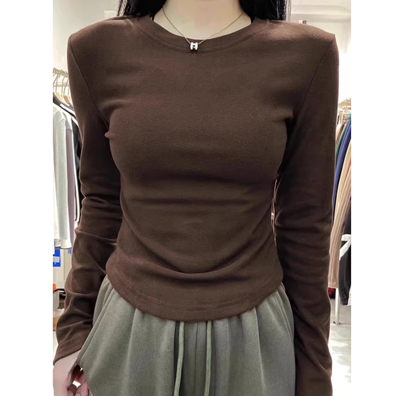 秋冬季纯色磨毛加厚加正肩打底衫女上衣内搭弧形下摆收腰长袖T恤