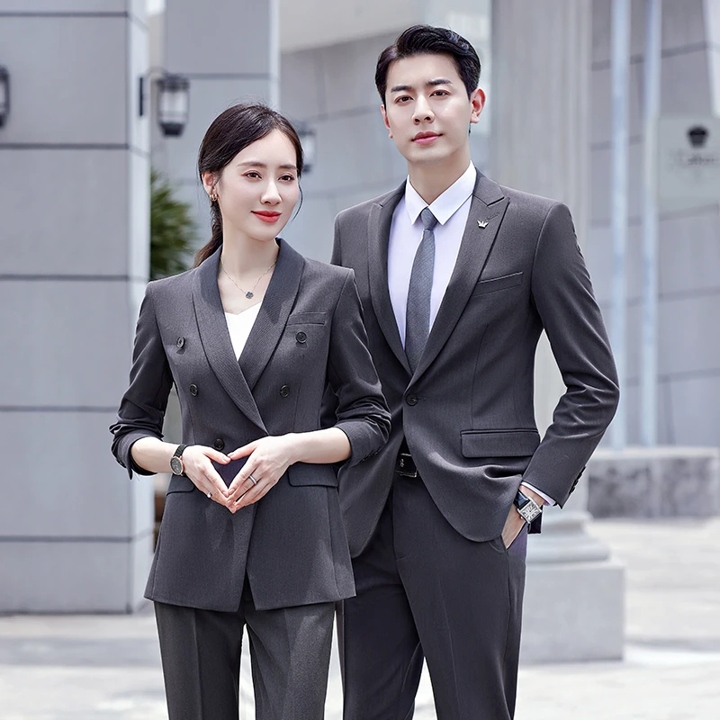 双层珠地纹微弹女款双排扣商务正装工作服西装686