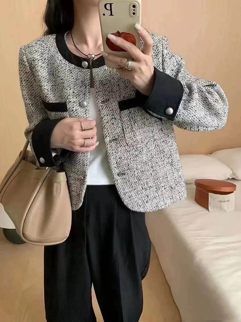 法式拼接小香风短外套女2024秋季新款高级感百搭精致气质显瘦上衣