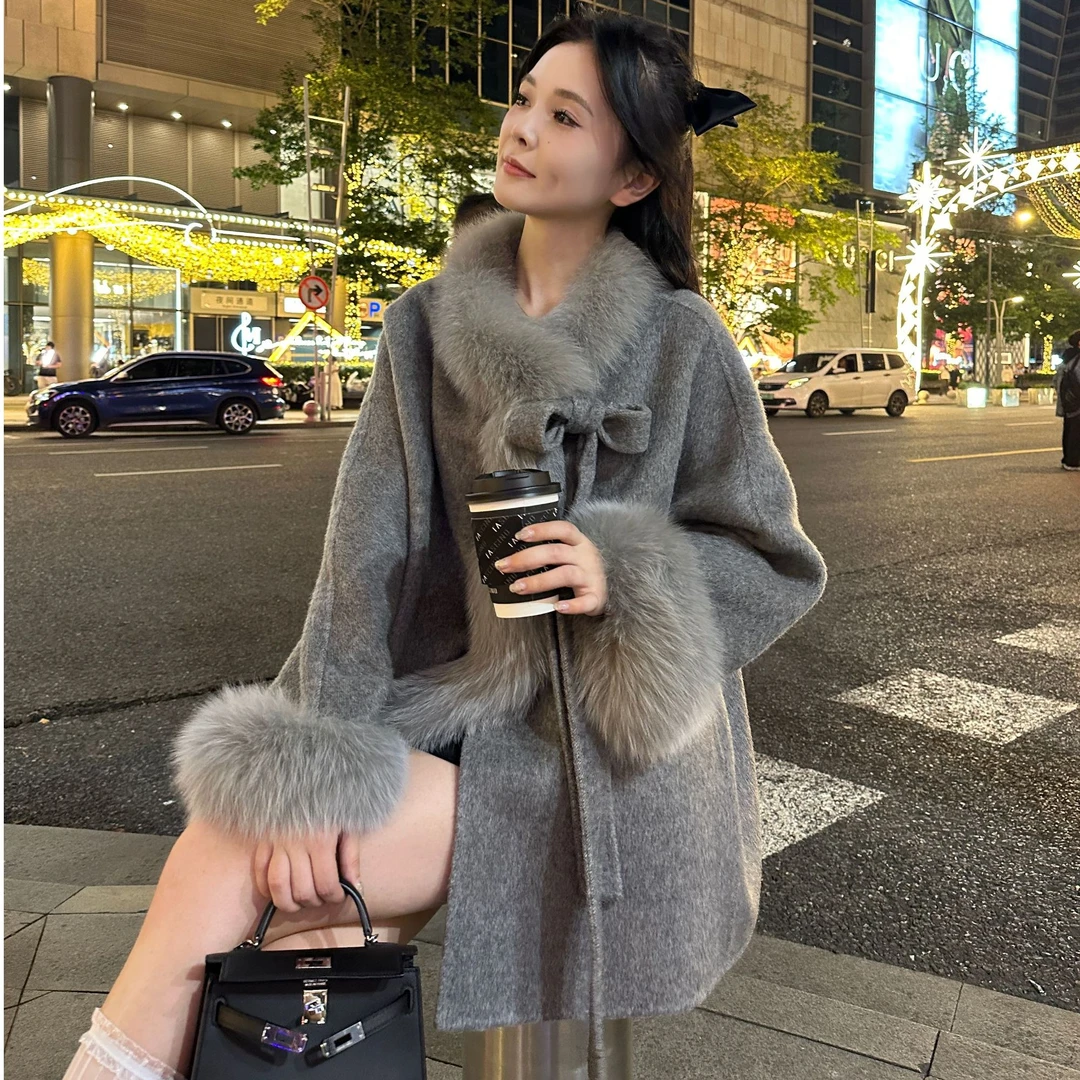 【若一衣】“白月光”新款韩版慵懒风气质斗篷款狐狸毛双面尼皮草外套