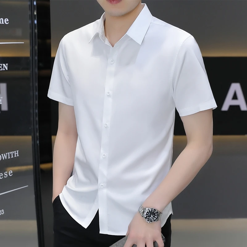 威仕奴夏季男短袖衬衫纯色商务正装冰丝凉感免烫半袖衬衣薄高级感