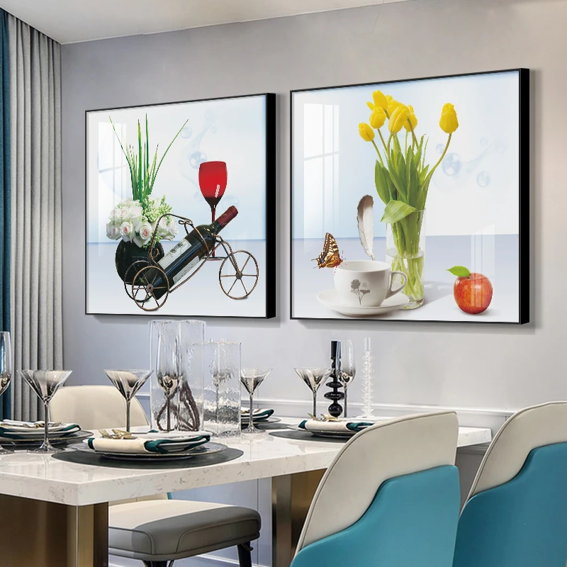 奈彩现代简约餐厅装饰画饭厅背景墙壁画轻奢创意酒杯客厅两联挂画