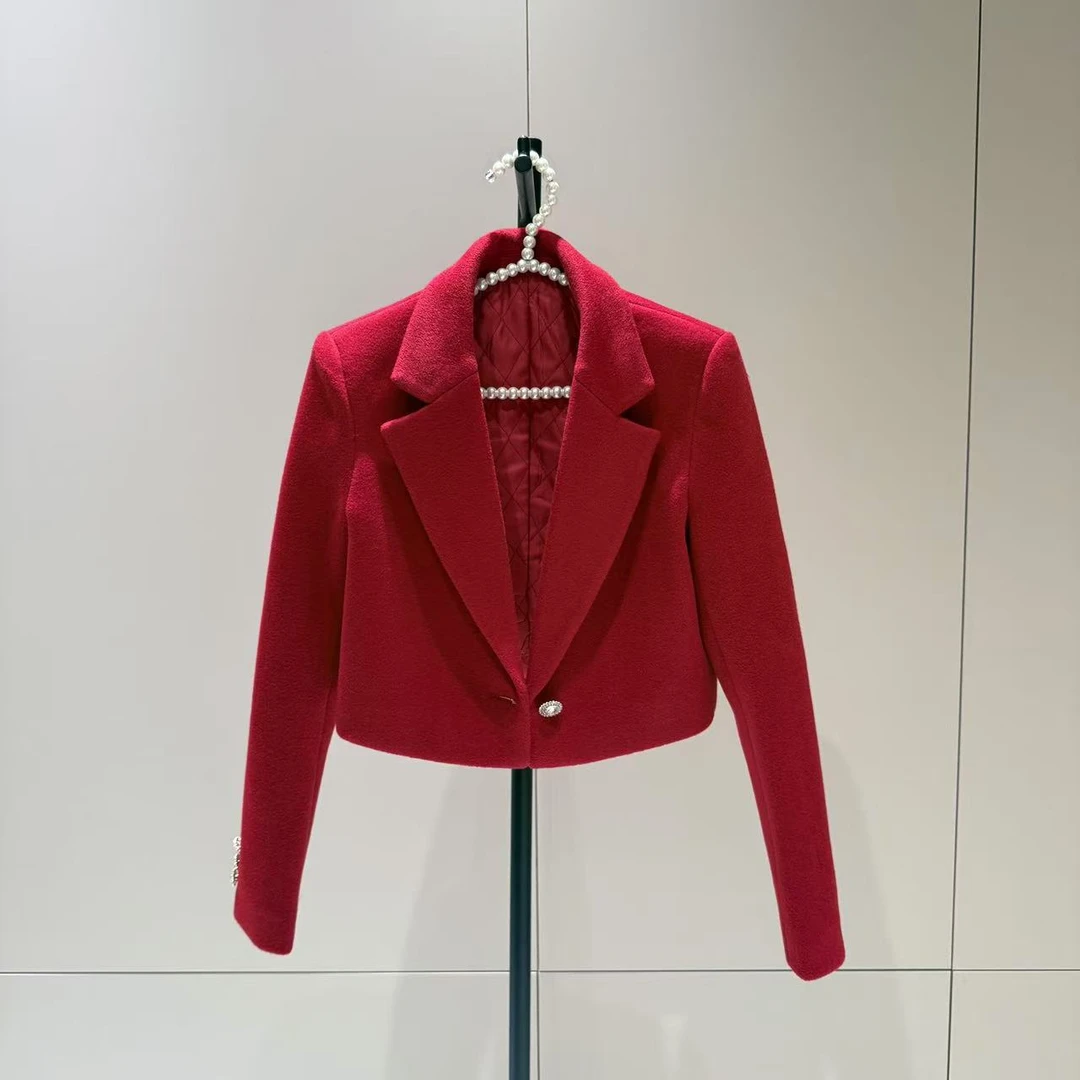 法式气质长袖西装领喜气通勤百搭时尚短外套