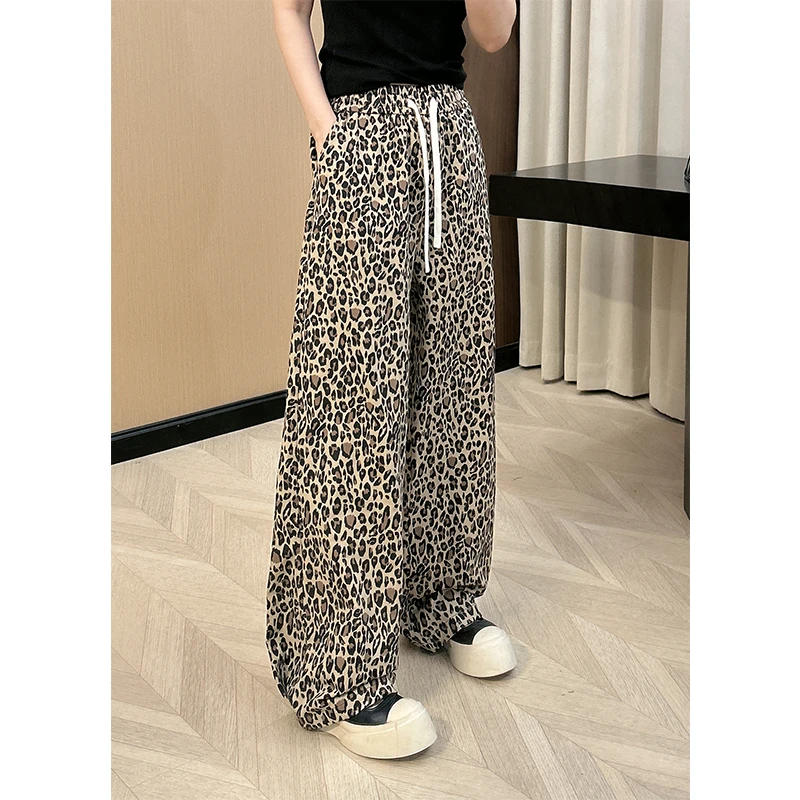 多金2024欧货松紧腰豹纹裤子女高腰显瘦洋气抽绳休闲长裤7