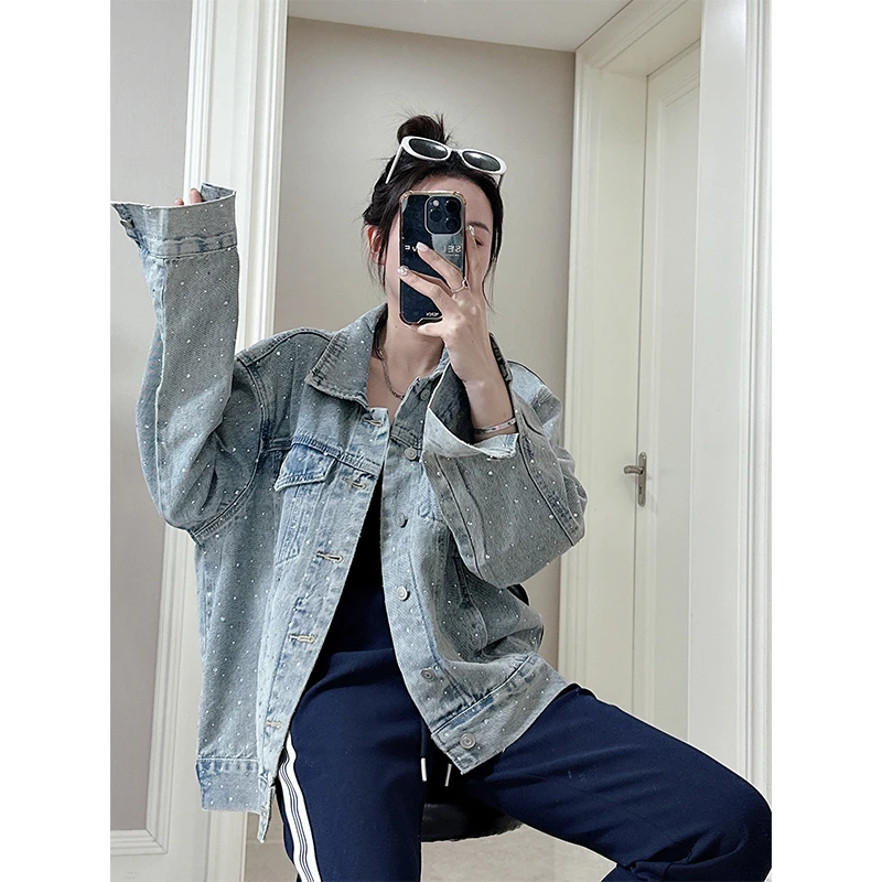 多金2024欧货设计感重工烫钻牛仔外套女新款翻领宽松百搭上衣5