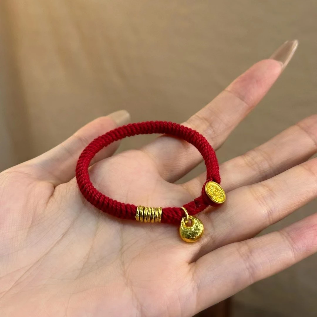 定制编绳震鳞黄金999足金6.47金坨红色手绳