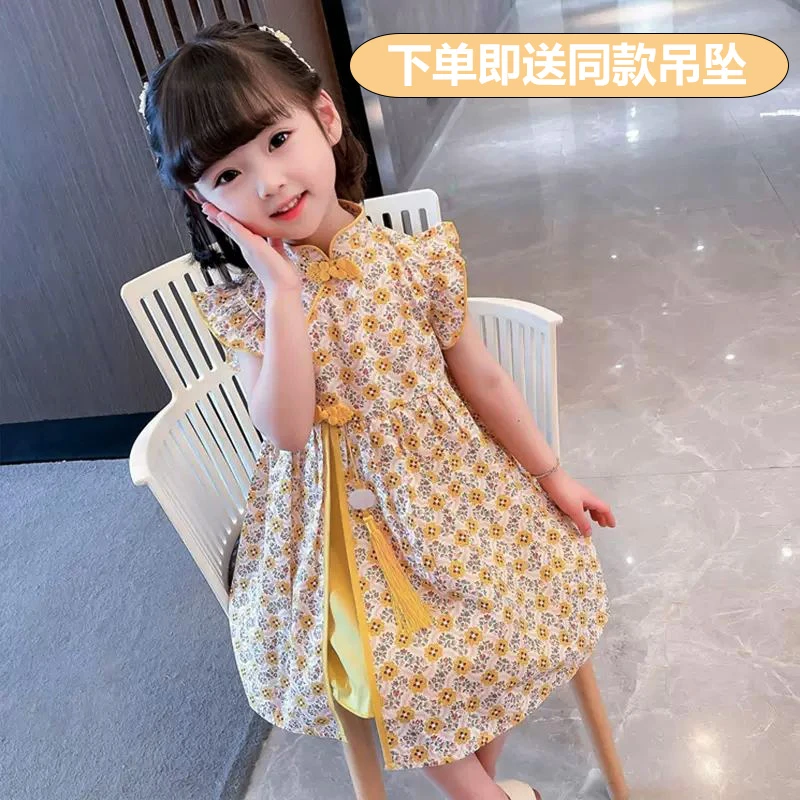 儿童连衣裙夏季新中式国风网红女童碎花公主裙能女宝洋气女孩旗袍