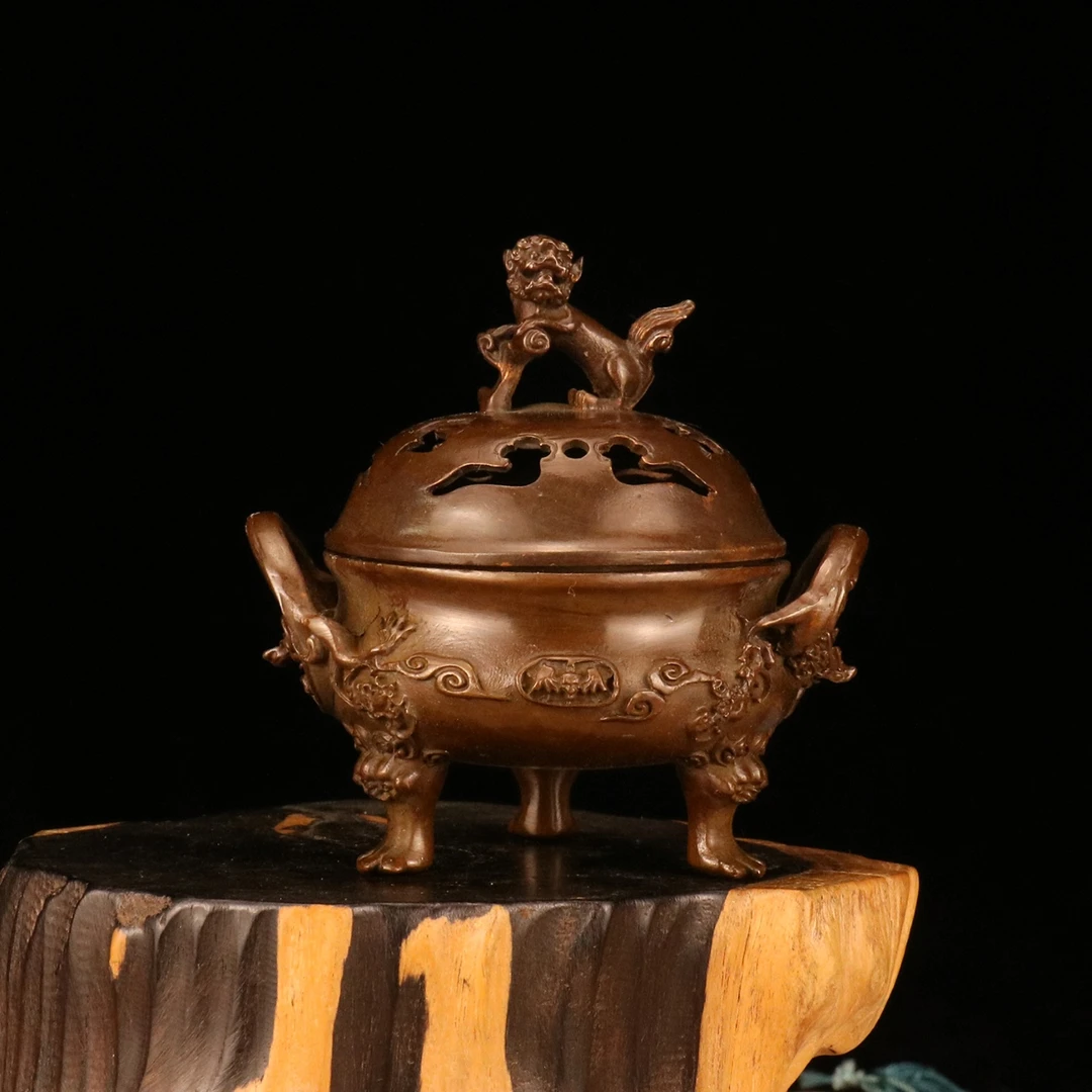 【461】狮子盖龙耳熏香炉重380g高9.6cm宽9.5cm口径6.3cm