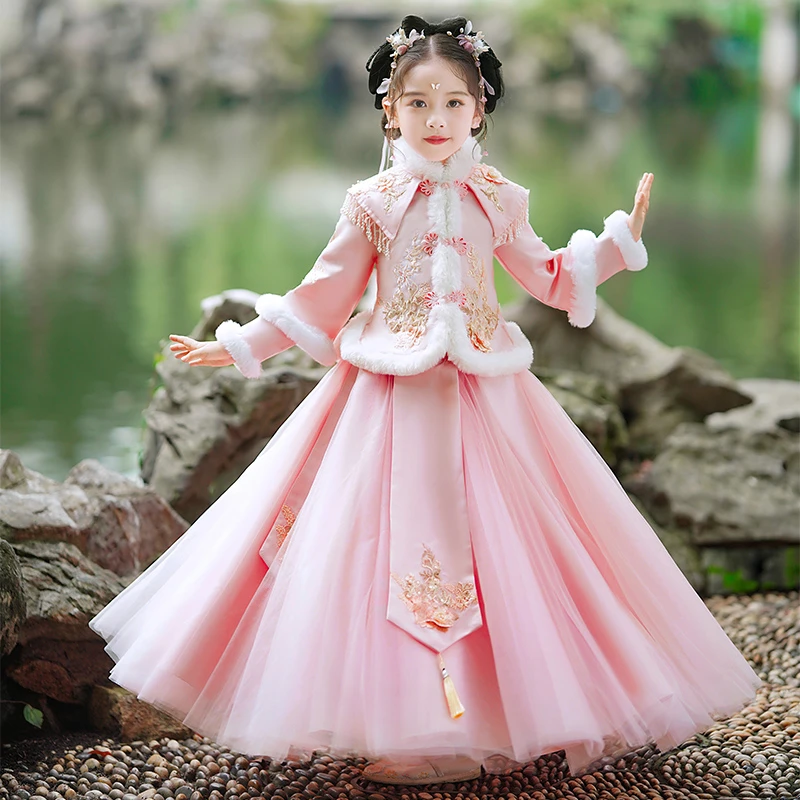 童装女童秋冬季加绒汉服2023新款中国风超仙儿童公主裙加厚唐