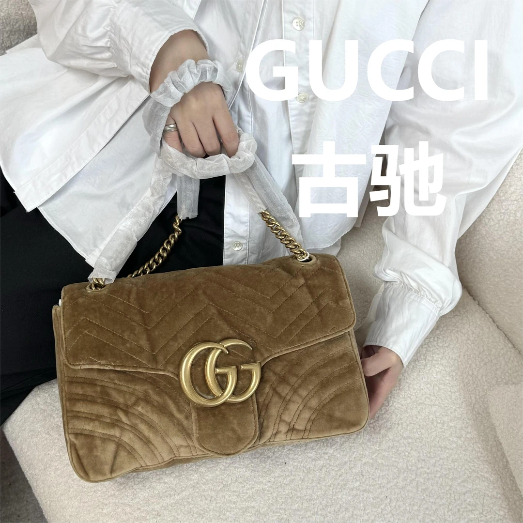 95新 GUCCI/古驰 姜黄色丝绒马蒙30斜跨包/优尔严选/