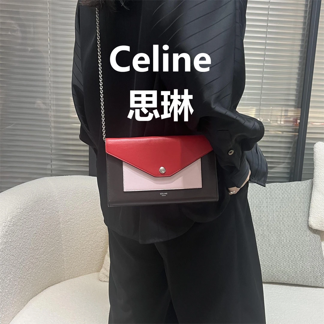 95新 Celine/思琳 红拼粉拼黑斜跨包/甜/67432