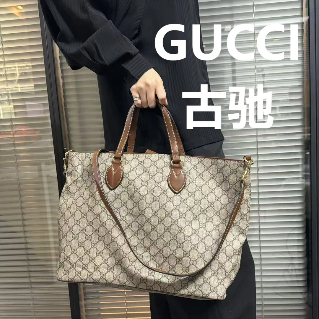 95新 GUCCI/古驰 棕色手柄肩带老花托特包/甜甜精选