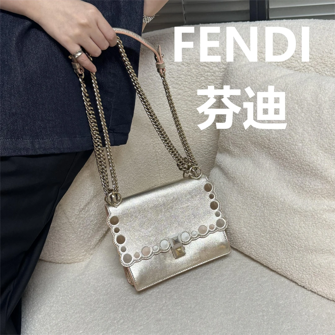 95新 FENDI/芬迪 香槟金彩色铆钉单肩斜挎包包/优尔精选/56910