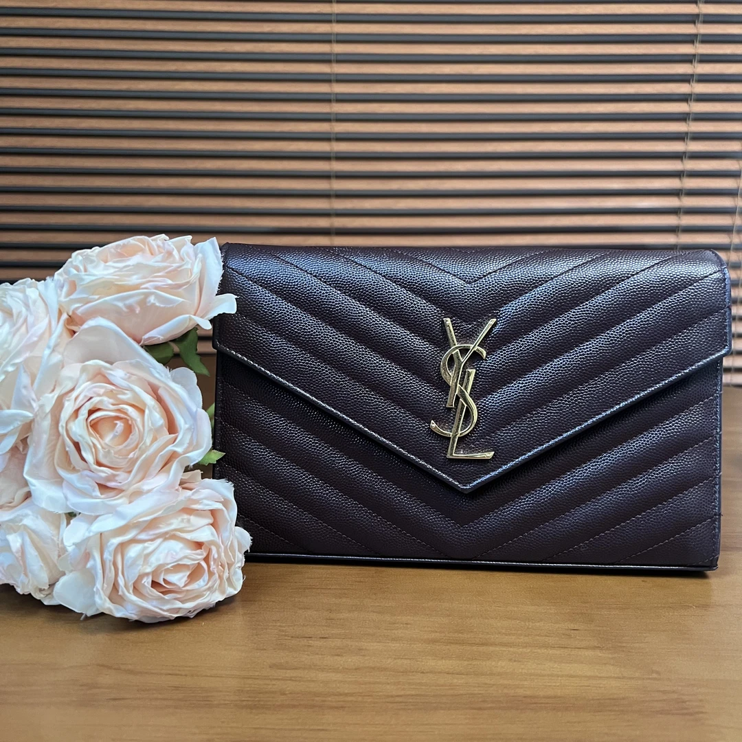 95新 YSL/圣罗兰 信封包中号紫红色荔枝纹衔缝包/优尔严选/58189