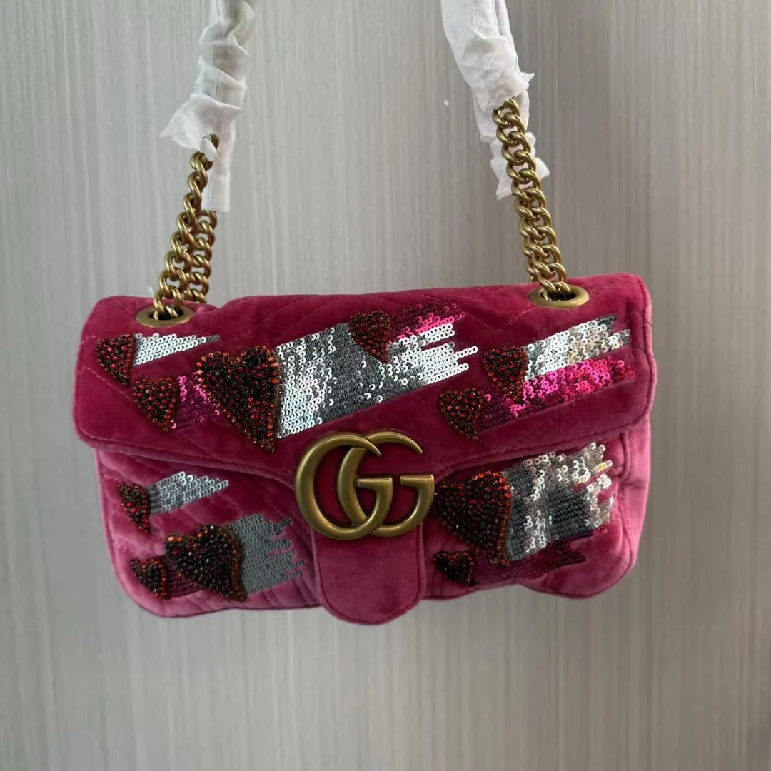 95新 GUCCI/古驰 粉色丝绒马蒙26/优尔精选/