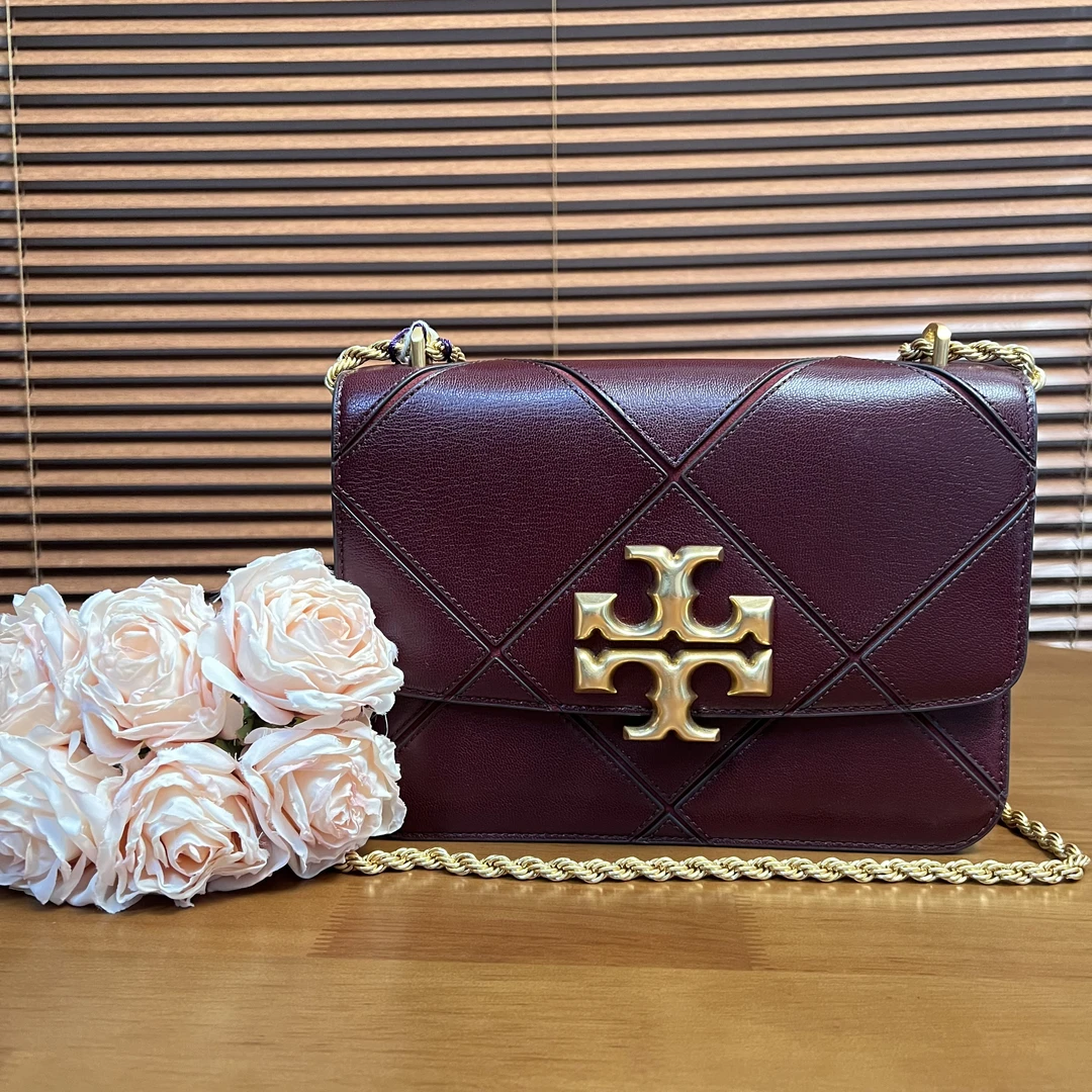 95新 TORY BURCH/汤丽柏琦 酒红色菱格链条单肩包/云海优选/51579