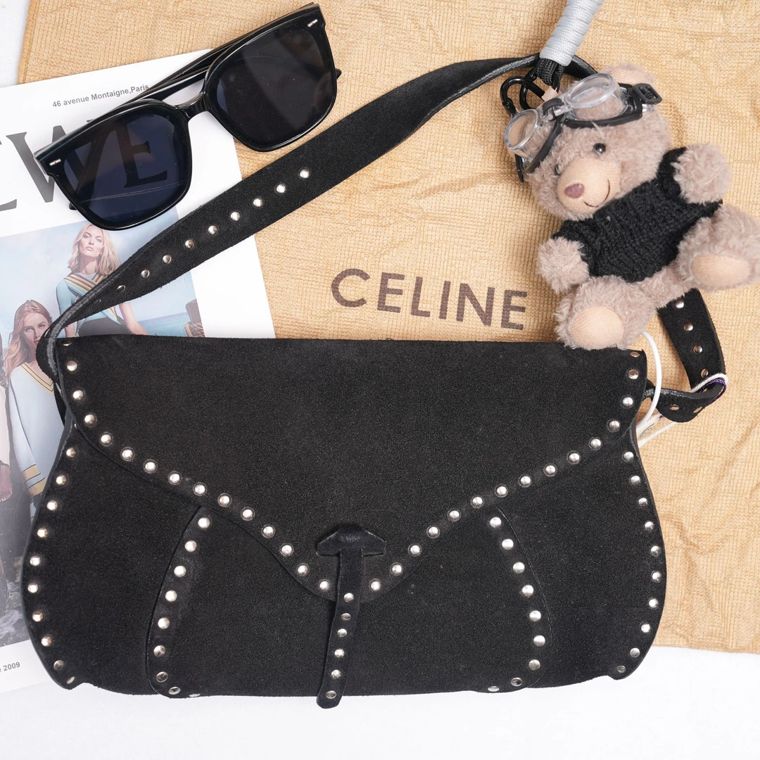 95新 Celine/思琳 黑色麂皮铆钉单肩包/优尔严选54430