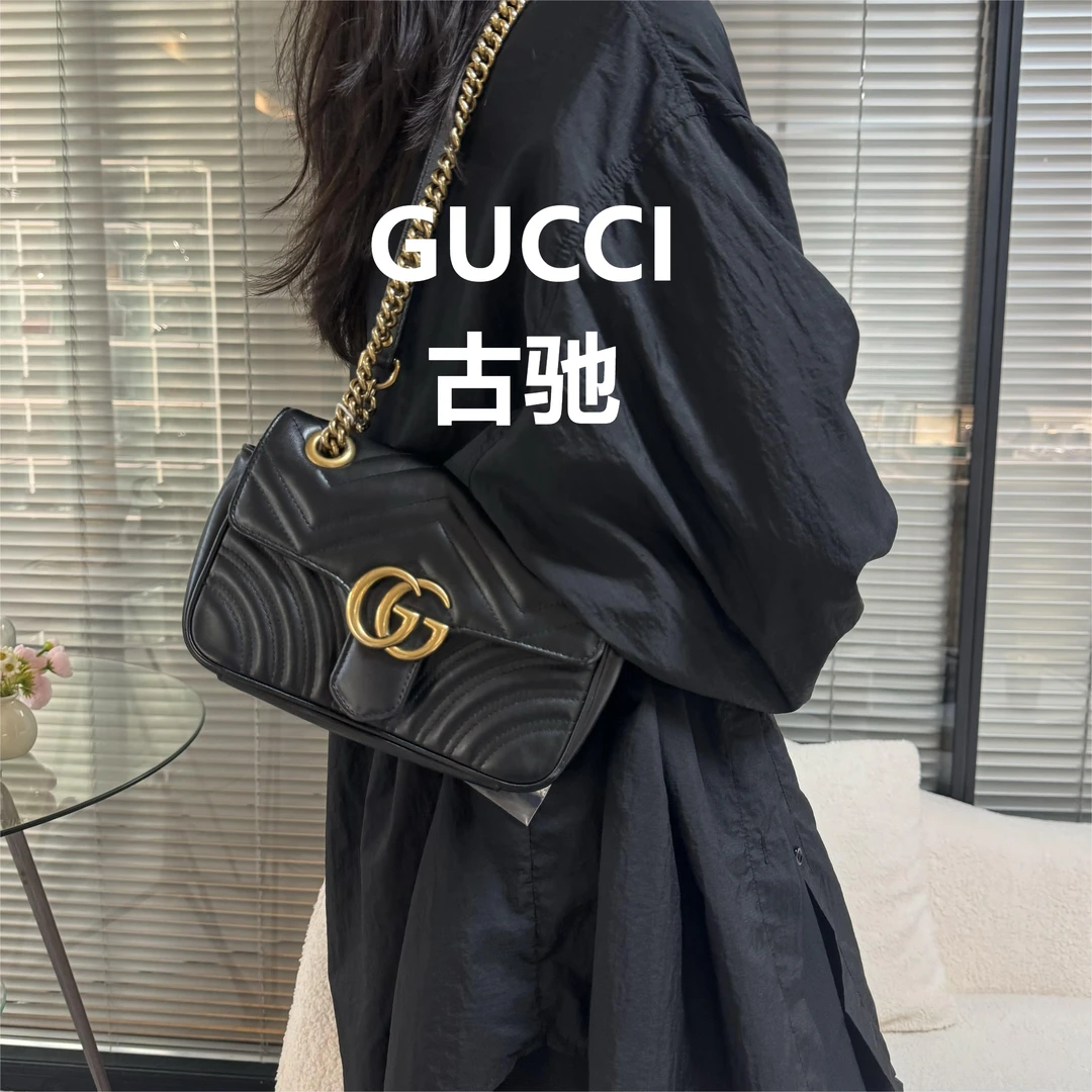 95新 GUCCI/古驰 黑金马蒙22斜跨包/甜甜优选
