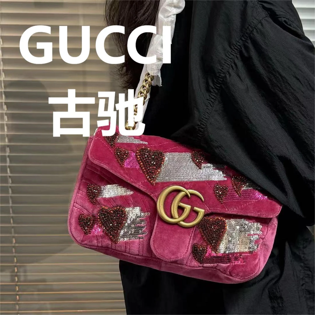 95新 GUCCI/古驰 爱心钻钻粉色丝绒马蒙26/甜甜精选/52805