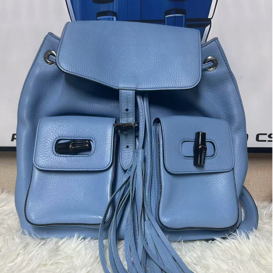 95新 GUCCI/古驰 蓝色竹节双肩包/云海优选/52564