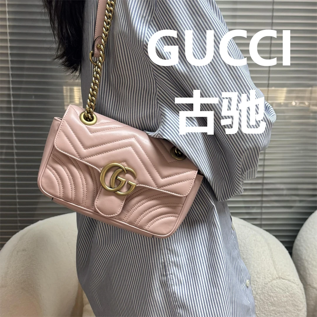95新 GUCCI/古驰 粉色马蒙22斜跨包/甜甜优选/69383