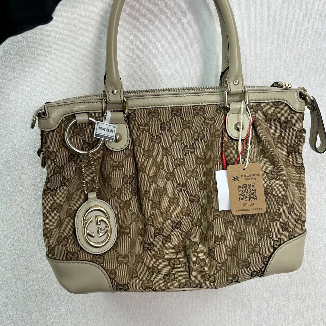 95新 GUCCI/古驰 棕色帆布老花手提包/优尔严选/00824