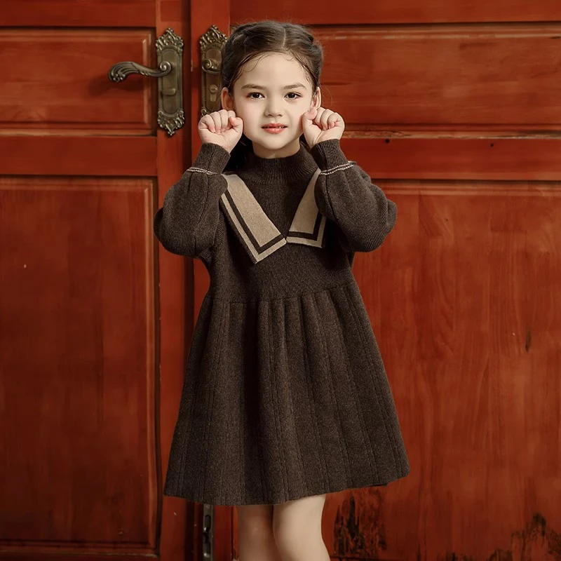 女童毛衣裙秋冬连衣裙学院风童装儿童打底针织毛衣洋气女孩公主裙