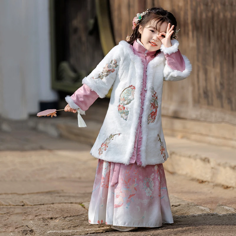 马面裙女童汉服秋冬款中国风古风唐装加绒加厚儿童拜年服套装裙子