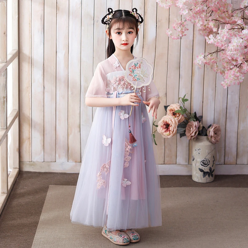 古筝演出服女童夏季薄款六一儿童古典舞蹈服国风仙气扇子舞表演服