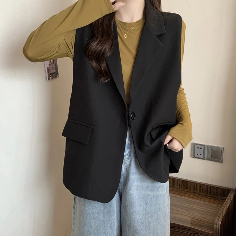 斜纹网红西装马甲女外套百搭气质宽松显瘦背心外穿设计感黑色上衣