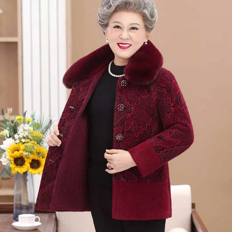 中老年人冬装女奶奶喜庆加绒外套妈妈新款加厚上衣60岁70老人衣服