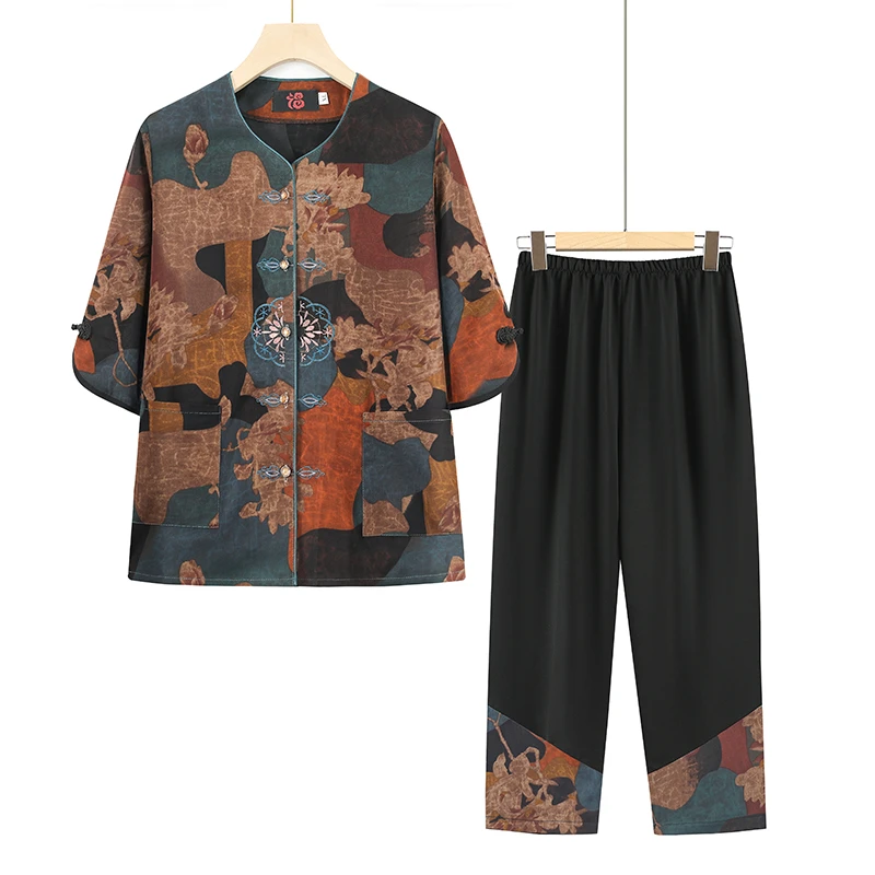 中老年人女奶奶夏装开衫T恤短袖套装新款夏季薄款妈妈两件套衣服