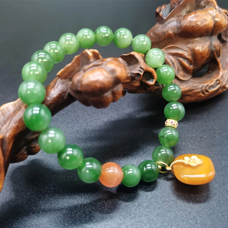 潘家园官方 和田玉碧玉圆珠单圈手链7.6mm国风时尚女款首饰
