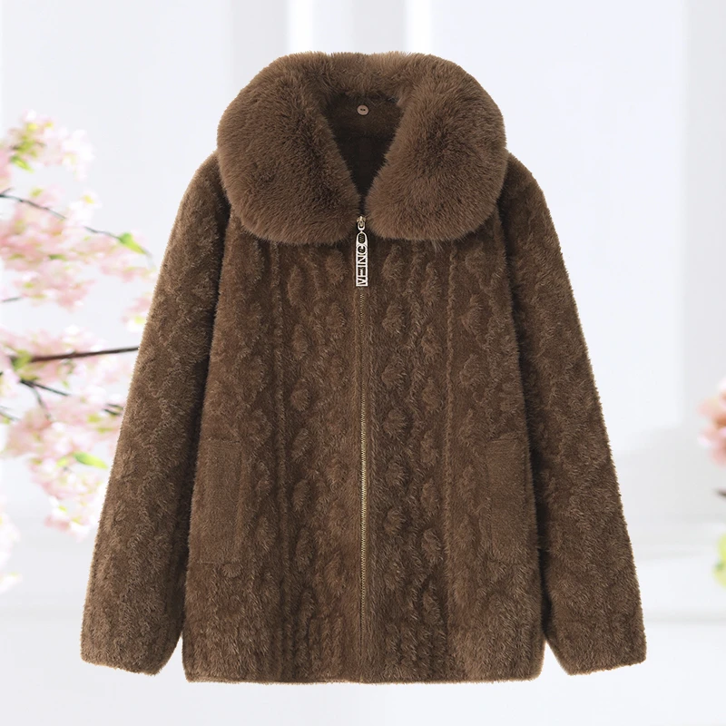 中老年时尚女装妈妈装加厚仿貂毛大衣女士短外套保暖拉链开衫衣服