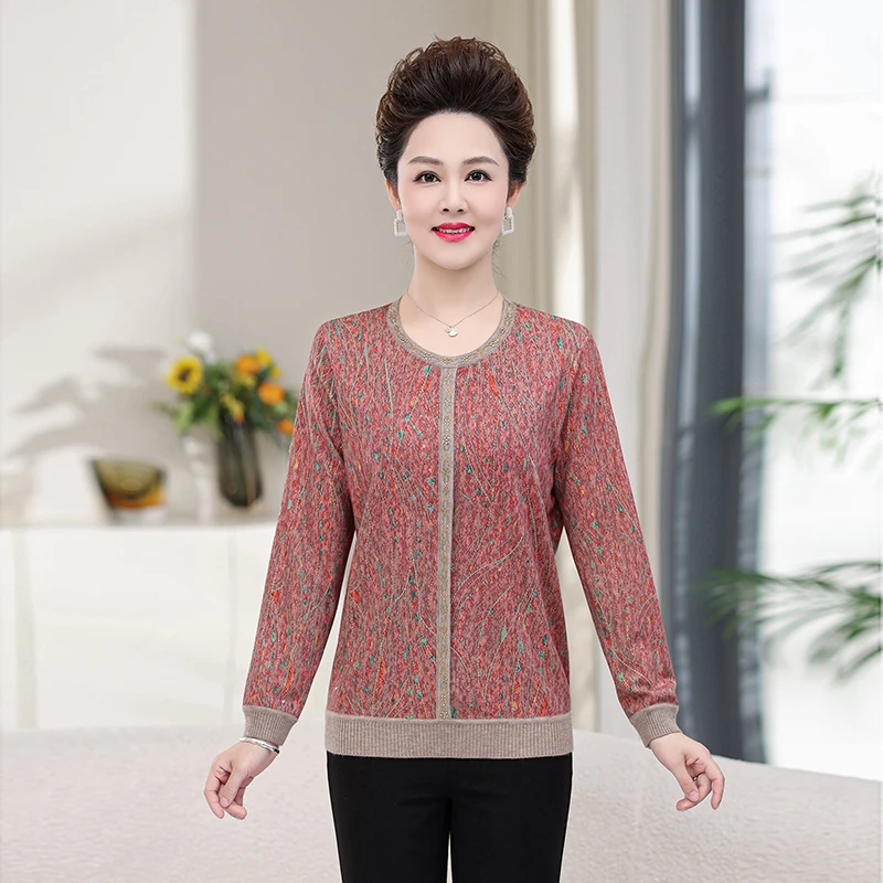 中老年春秋圆领女装长袖T恤妈妈装2023新款针织衫老年人薄款上衣