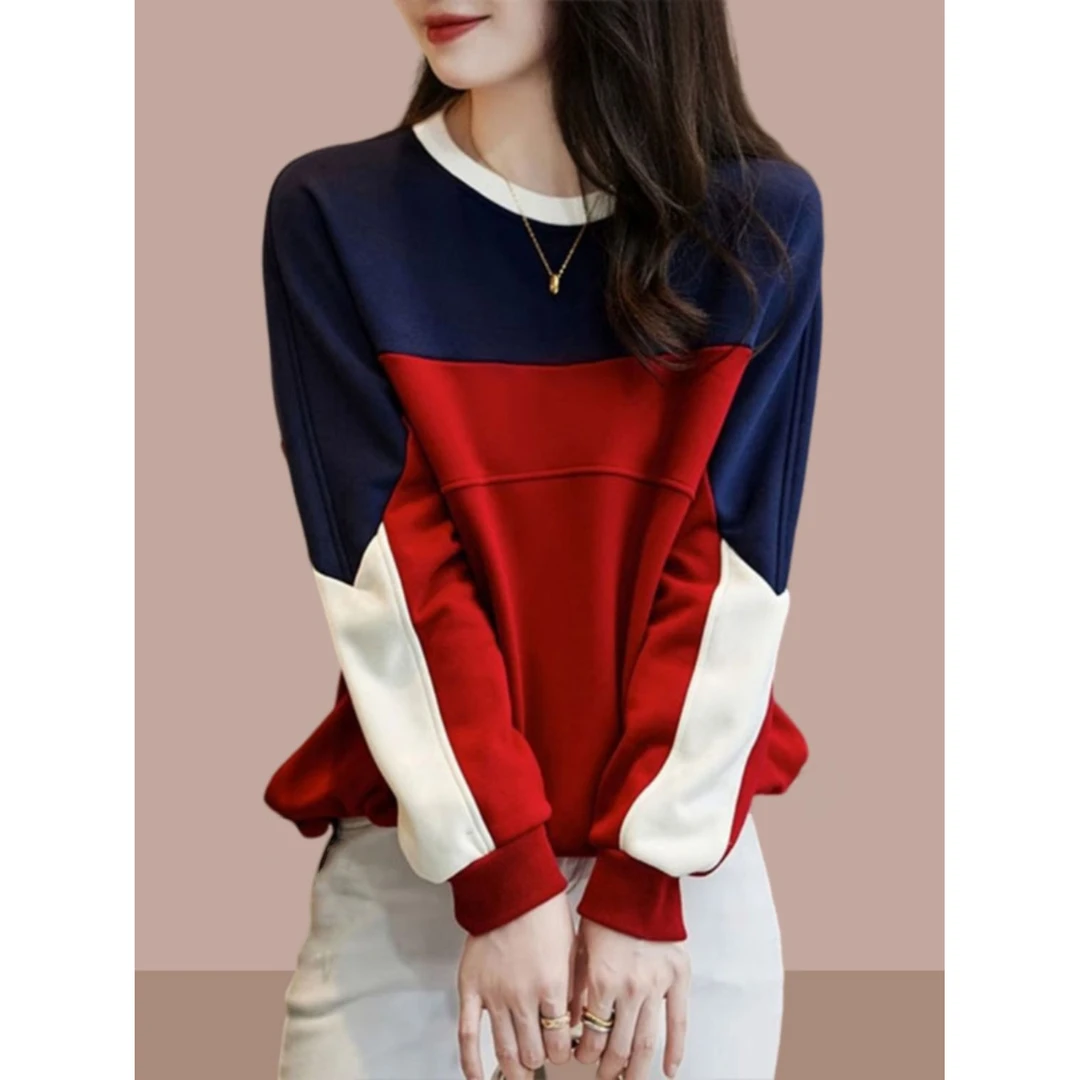 2024新款秋冬季女士设计感拼接撞色圆领洋气卫衣宽松大码时尚上衣