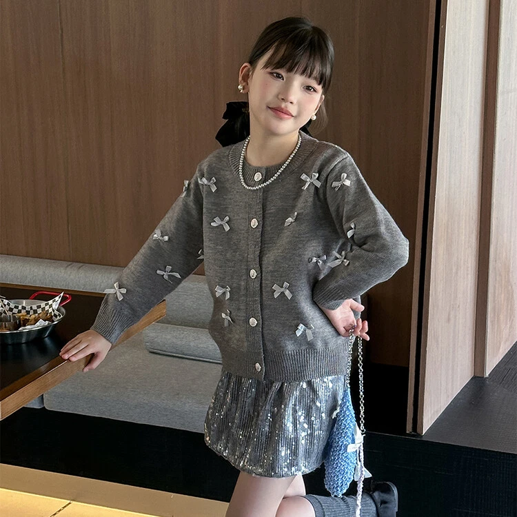 秋季女童洋气百搭蝴蝶结开衫外套女孩长袖针织衫韩版春秋装