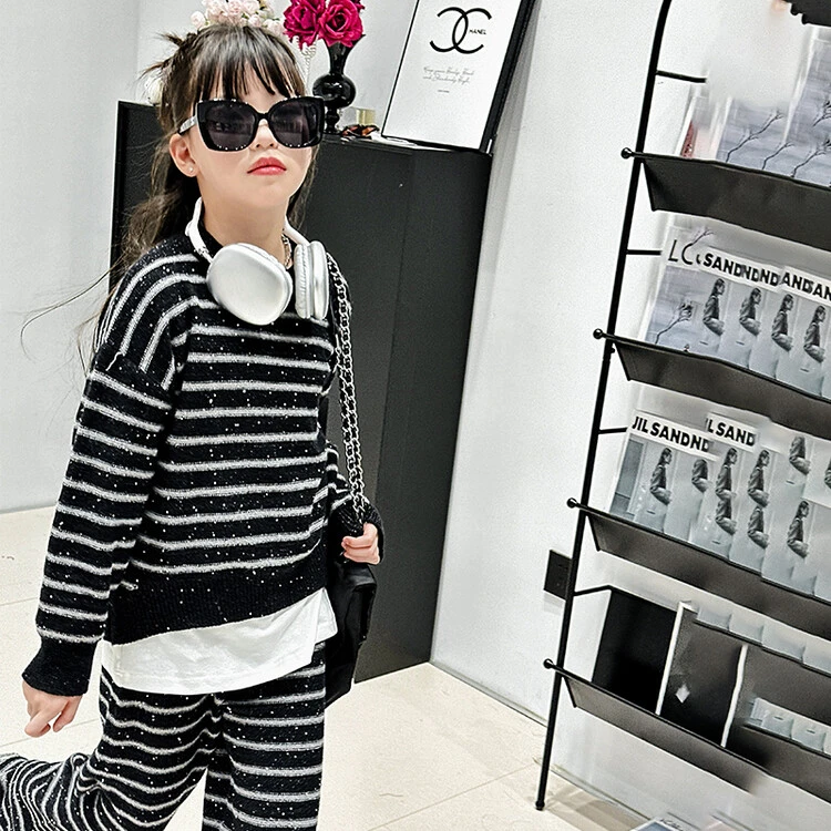 女童秋季条纹针织卫衣阔腿裤套装女孩潮酷时尚春秋装