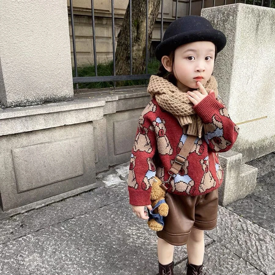 女童毛衣加厚2023秋冬装新款宝宝复古洋气针织衫圆领上女童针织衫