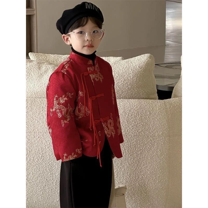 男童唐装新年服冬加厚中国风汉服两件套中小童拜年服喜庆红色儿童