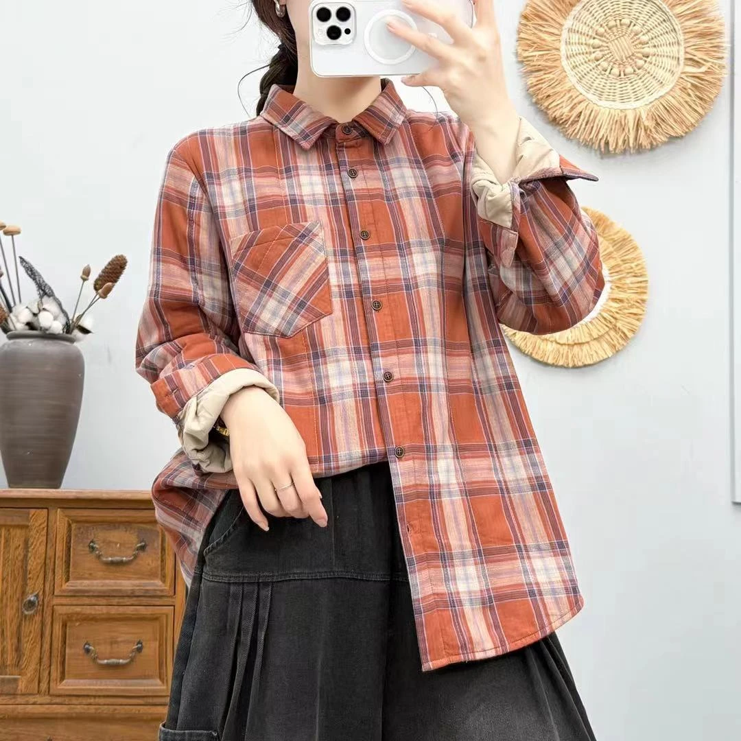加厚夹棉格子衬衫女休闲棉衣棉服女冬季衬衫女2025新款爆款洋气