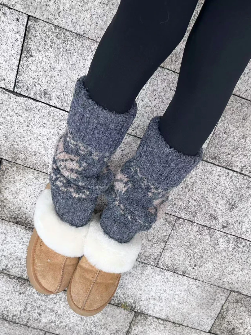 韩版圣诞小熊袜套女长筒秋冬季加厚保暖羊毛混纺雪花款小腿堆堆袜